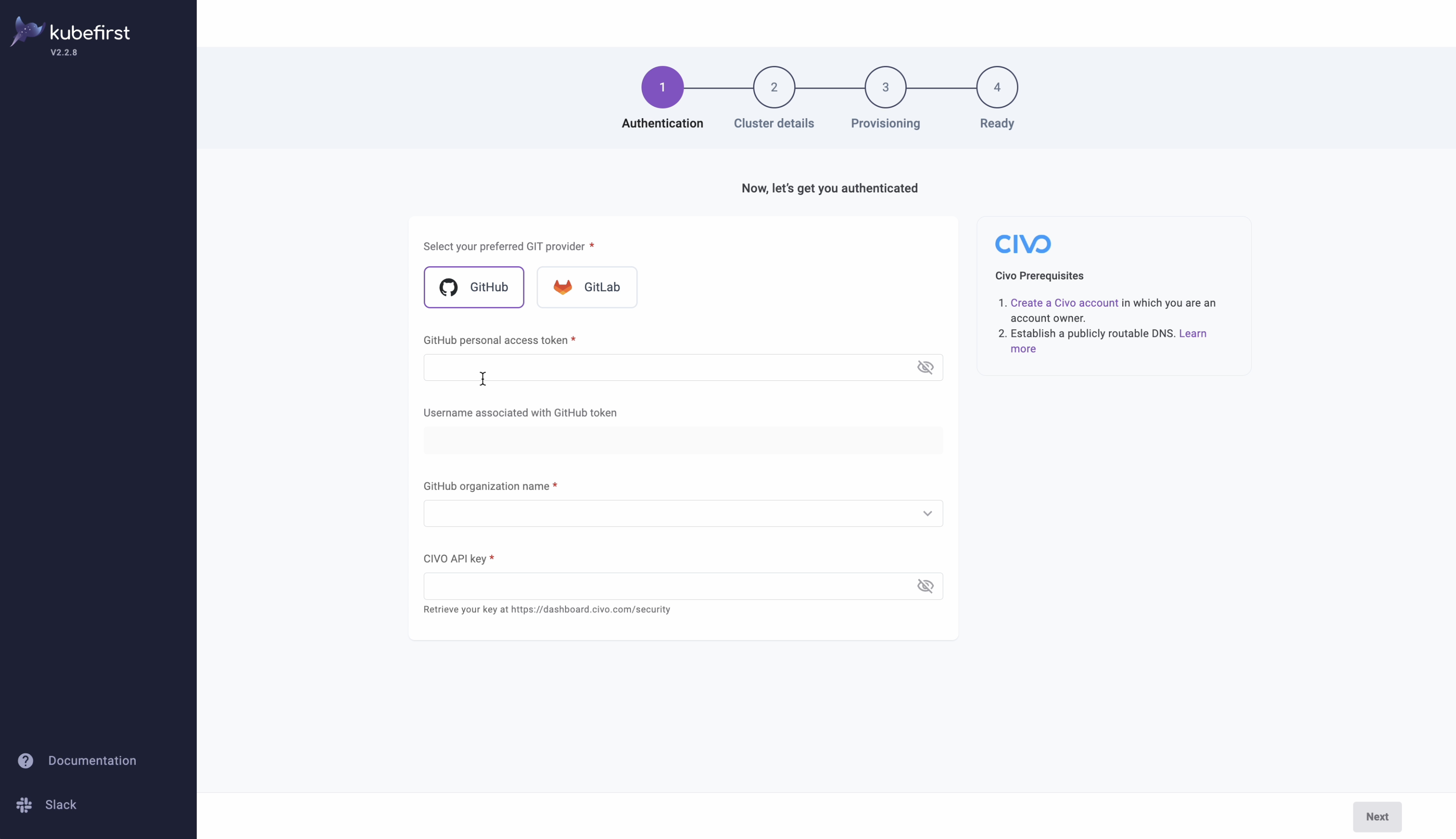 Kubefirst user interface showing cloud and git options