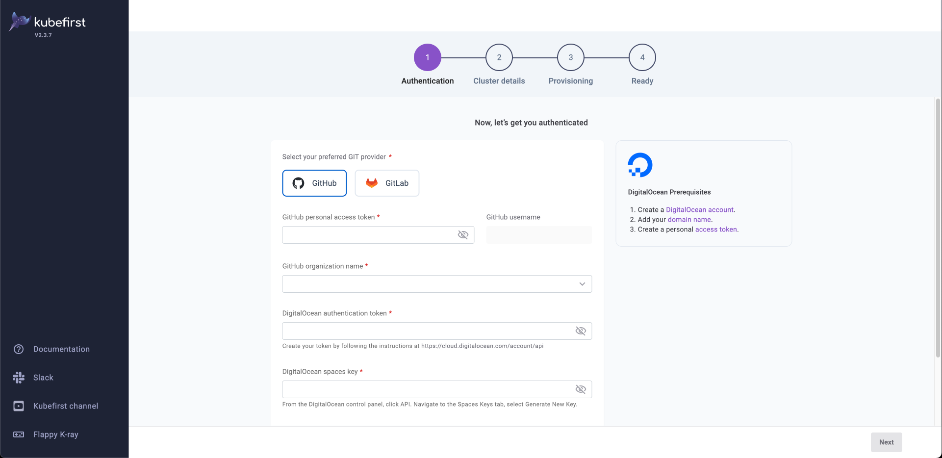 kubefirst user interface showing cloud and git options