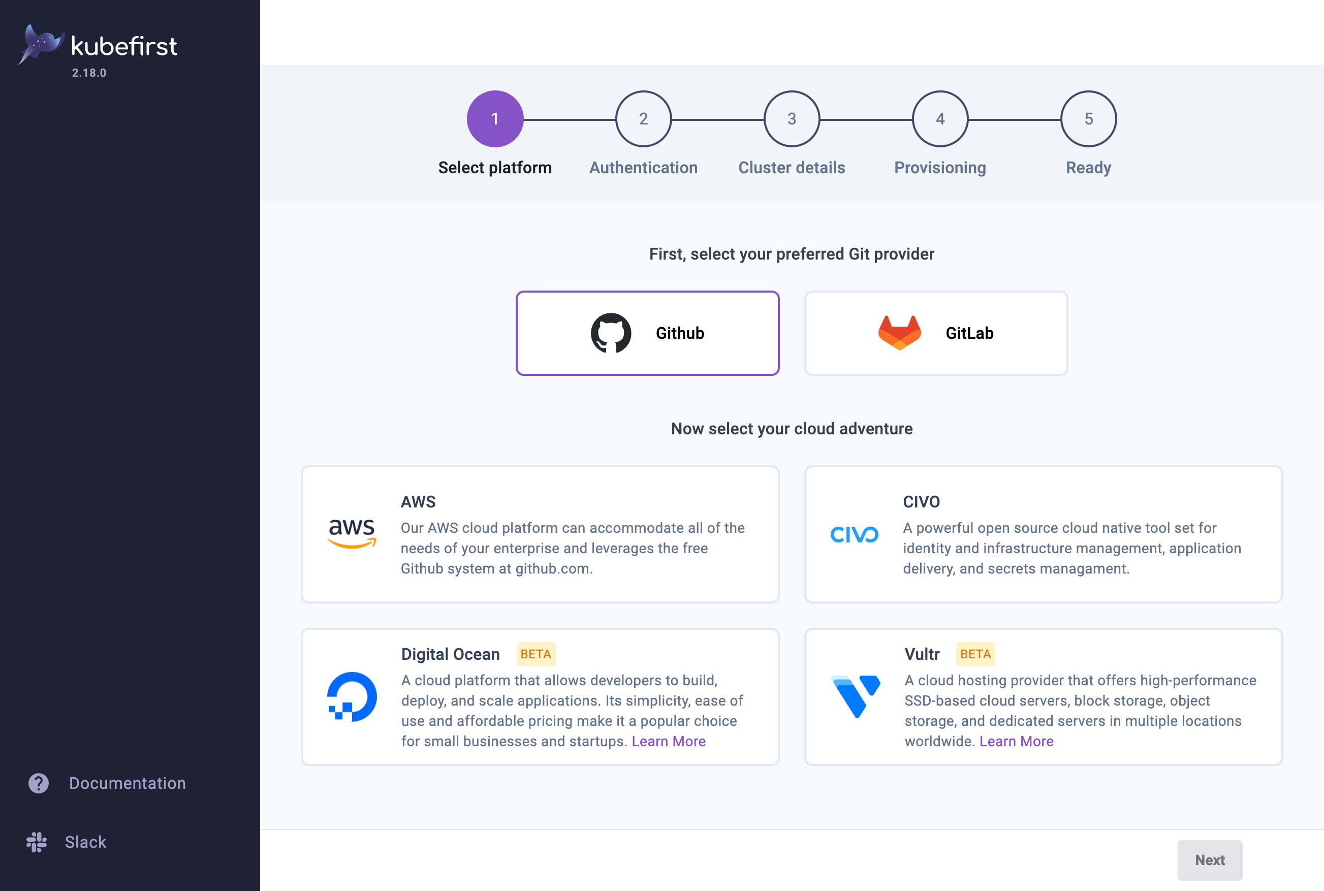 kubefirst user interface showing cloud and git options