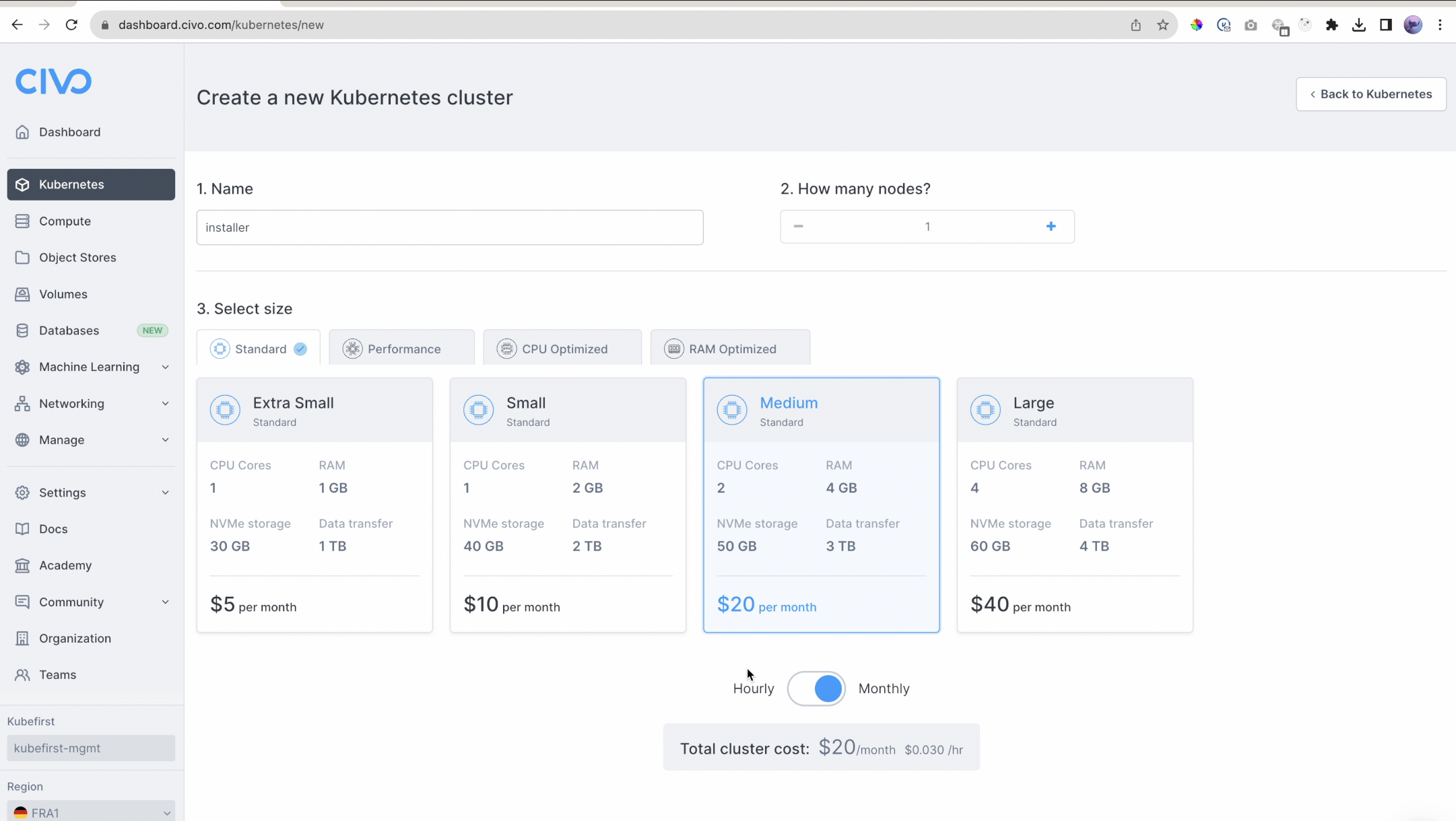 Kubefirst user interface showing cloud and git options