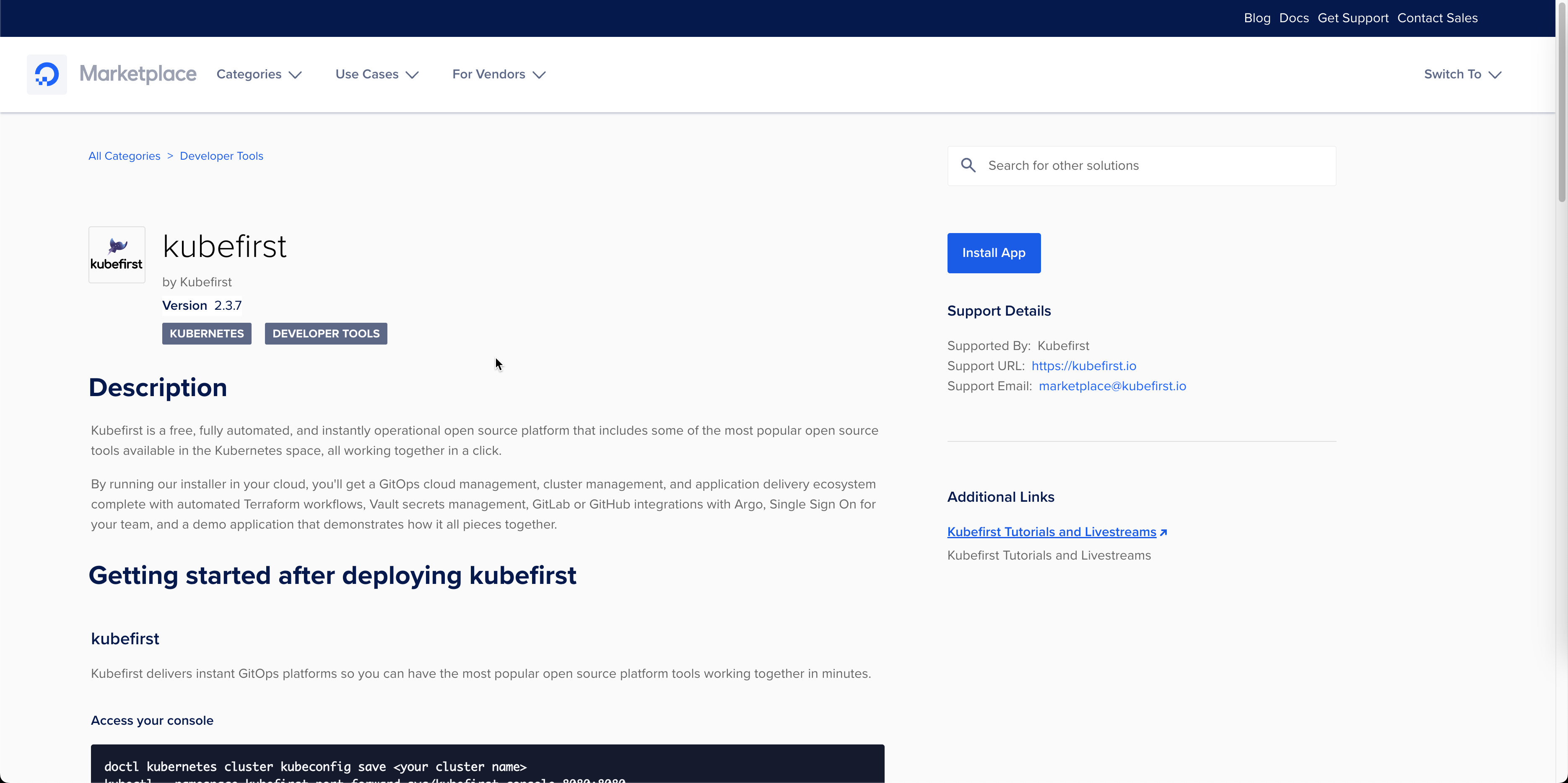 DigitalOcean kubefirst marketplace page